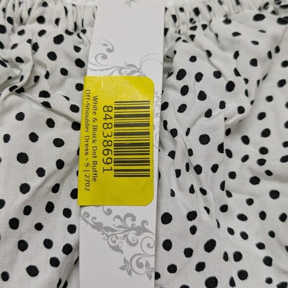White and Black Polka Dot Ruffle Off-Shoulder Tiered Midi A-line Dress - Small - Picture 3 of 4